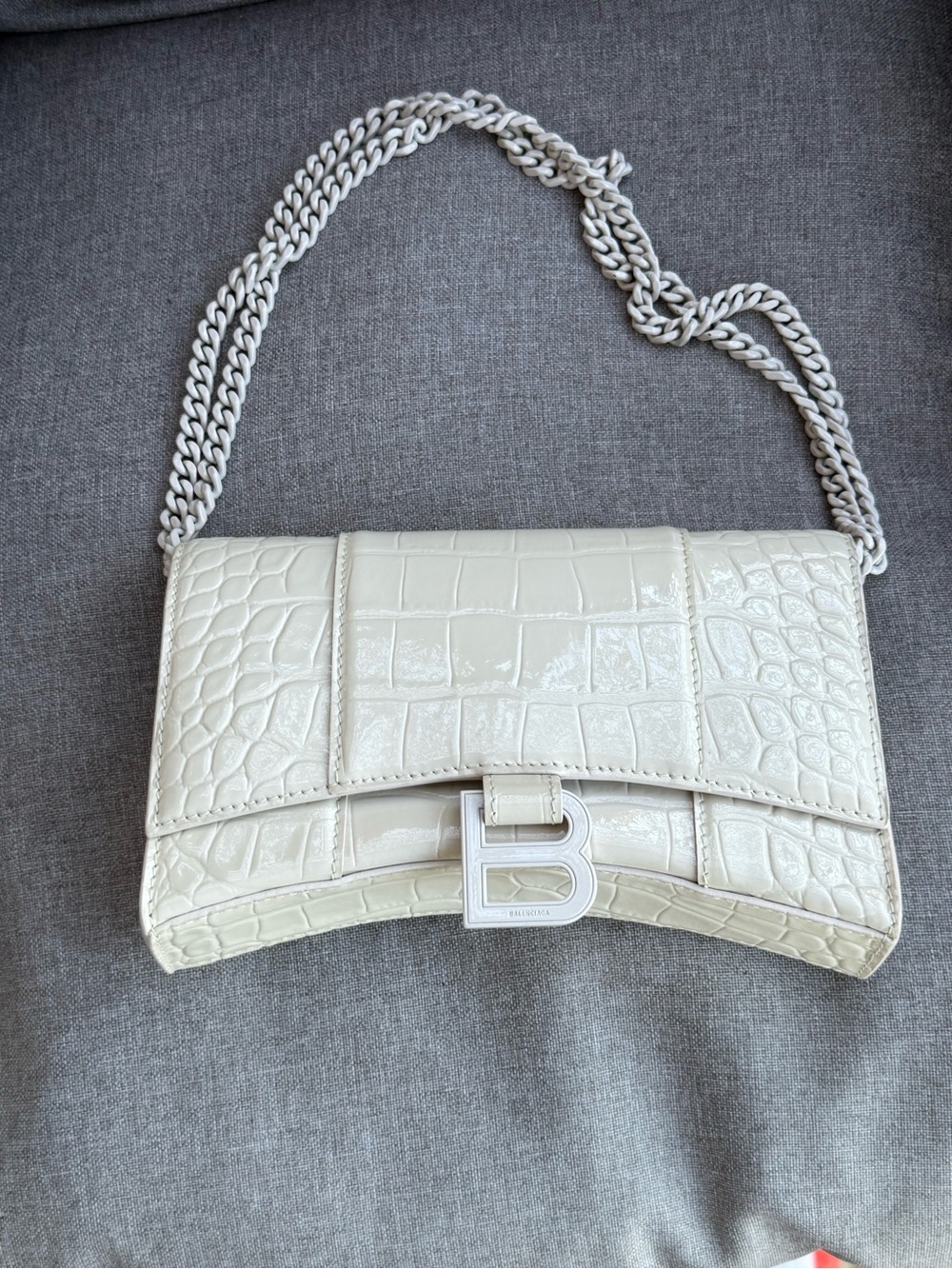Balenciaga Cream Croc-Embossed Shoulder Bag with Signature B